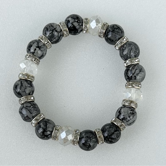Gray Glass Beads 10mm Stretch Bracelet Rhinestone Rondelle Spacers - Picture 1 of 4